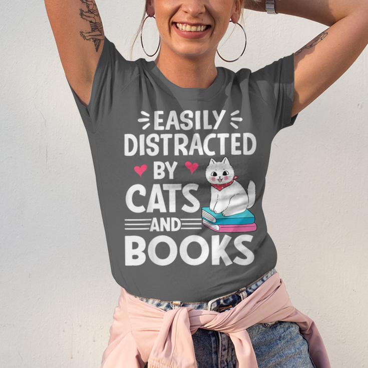 Easily Distracted By Cats And Books Cute Cat And Book Lovers Unisex Jersey T-Shirt