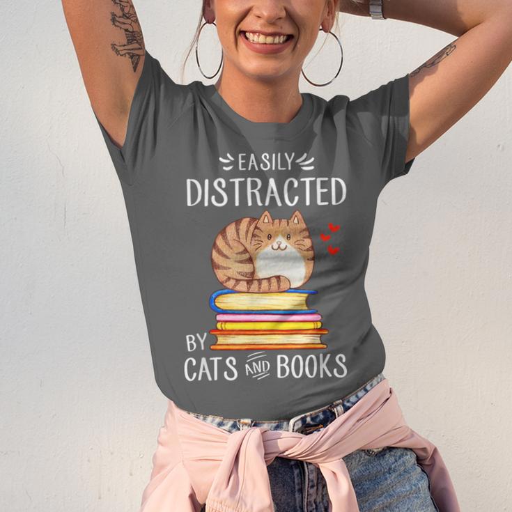 Easily Distracted By Cats And Books Reading Lover Bookish Unisex Jersey T-Shirt Easily Distracted By Cats And Books Reading Lover Bookish Unisex Jersey T-Shirt