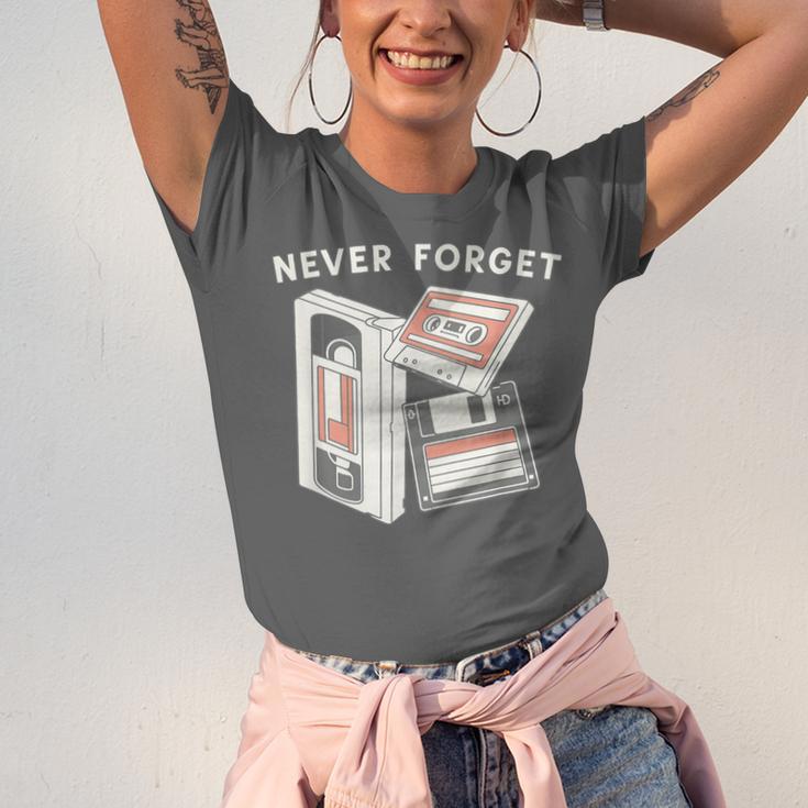 Never Forget VHS Tape Cassette Floppy Disk Nostalgia 80s 90s Unisex Jersey T-Shirt
