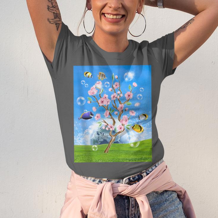 Frutiger Aero Aesthetic Tech Cherry Blossom Fishes Bubbles Unisex Jersey T-Shirt Frutiger Aero Aesthetic Tech Cherry Blossom Fishes Bubbles Unisex Jersey T-Shirt