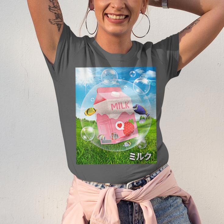 Frutiger Aero Aesthetic Tech Kawaii Strawberry Milk Fishes Unisex Jersey T-Shirt Frutiger Aero Aesthetic Tech Kawaii Strawberry Milk Fishes Unisex Jersey T-Shirt