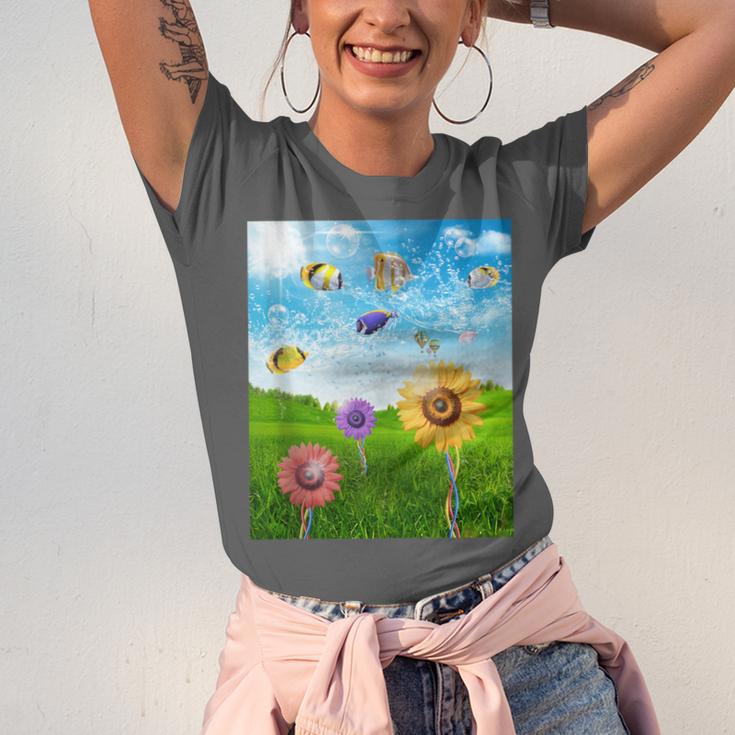 Frutiger Aero Aesthetic Tech Scenery Fishes Sunflower Unisex Jersey T-Shirt