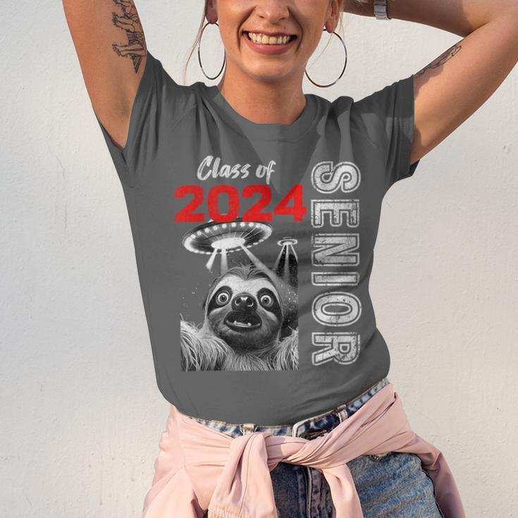 Fun Trendy UFO Sloth Graduation Class Of 2024 Senior Unisex Jersey T-Shirt