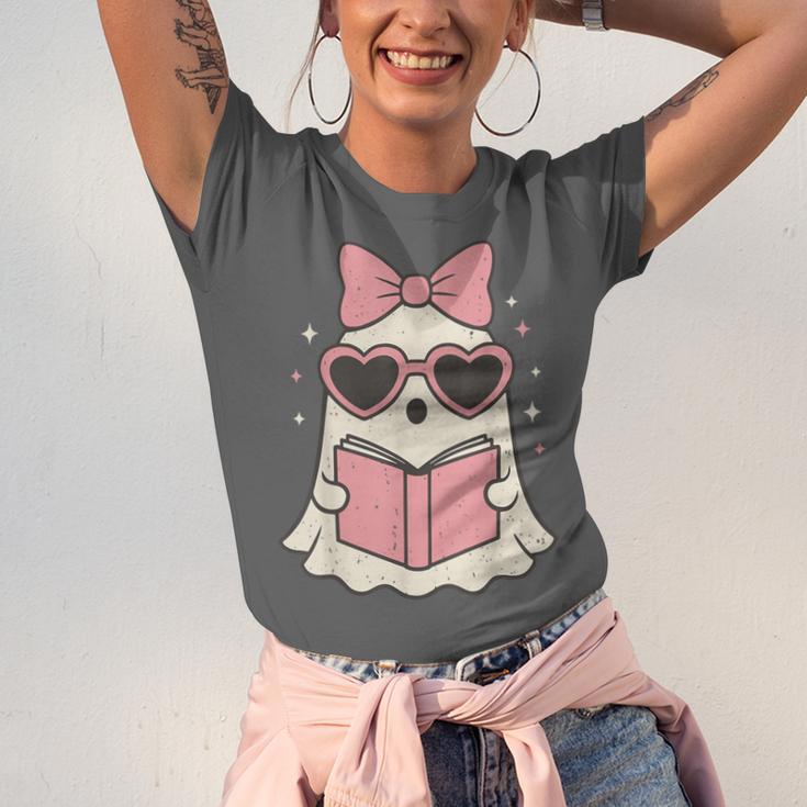 Ghost Reading Book Halloween Cat Lover Unisex Jersey T-Shirt