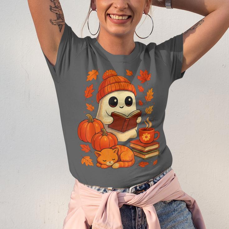 Ghost Reading Book Lovers Autumn Fall Halloween Unisex Jersey T-Shirt
