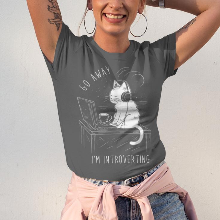 Introvert Cat With Coffee On Computer Antisocial Emo Goth Unisex Jersey T-Shirt