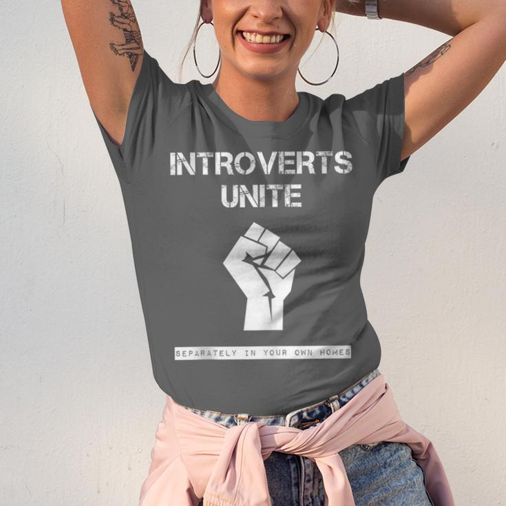 Introverts Unite Separately In Your Own Homes Sarcasm Unisex Jersey T-Shirt Introverts Unite Separately In Your Own Homes Sarcasm Unisex Jersey T-Shirt