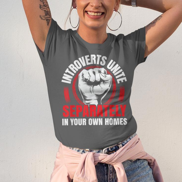 Introverts Unite Separately In Your Own Homes Saying Unisex Jersey T-Shirt Introverts Unite Separately In Your Own Homes Saying Unisex Jersey T-Shirt