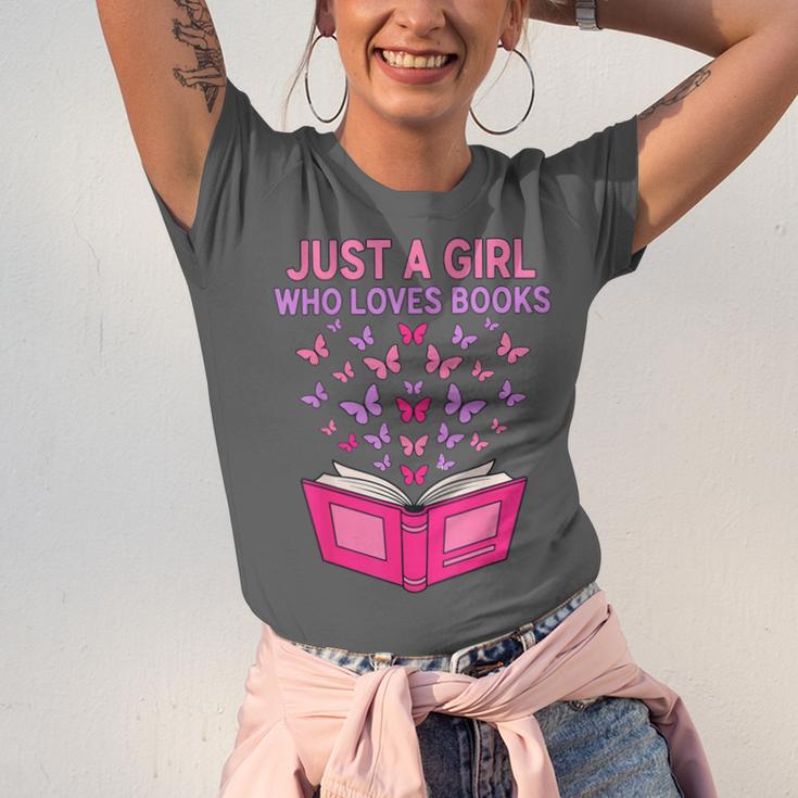 Just A Girl Who Loves Books Butterflies Reading Unisex Jersey T-Shirt Just A Girl Who Loves Books Butterflies Reading Unisex Jersey T-Shirt