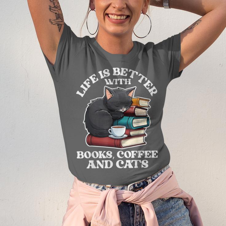 Life Is Better With Books Cats & Coffee Librarian Book Lover Unisex Jersey T-Shirt