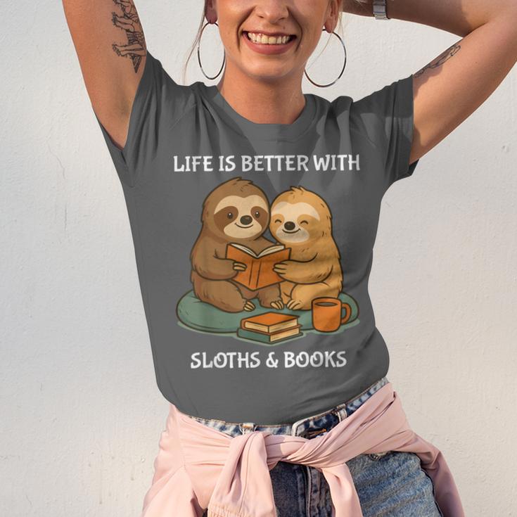 Life Is Better With Sloths And Books Cute Sloth Lover Unisex Jersey T-Shirt