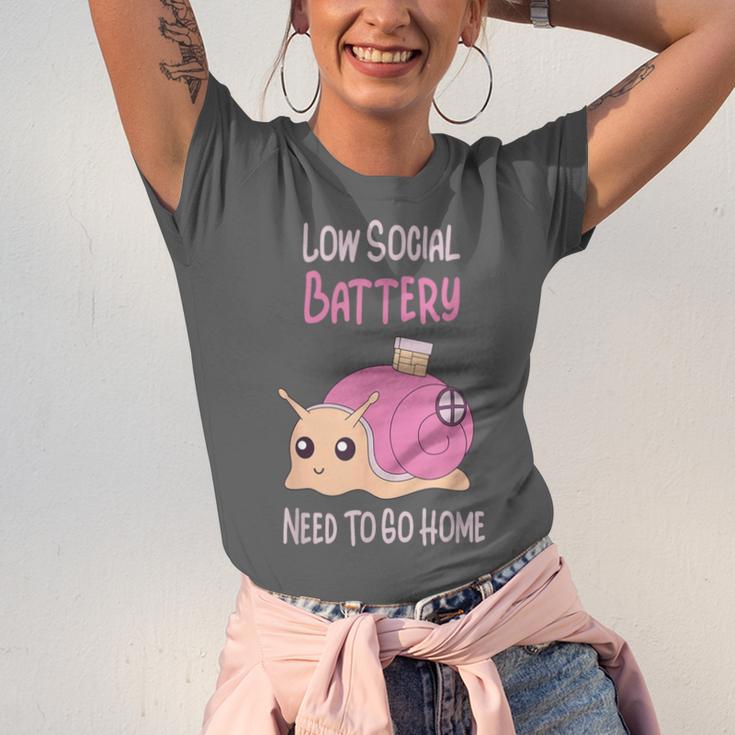 Low Social Battery Cute Snail With House Introvert Cozy Home Unisex Jersey T-Shirt Low Social Battery Cute Snail With House Introvert Cozy Home Unisex Jersey T-Shirt