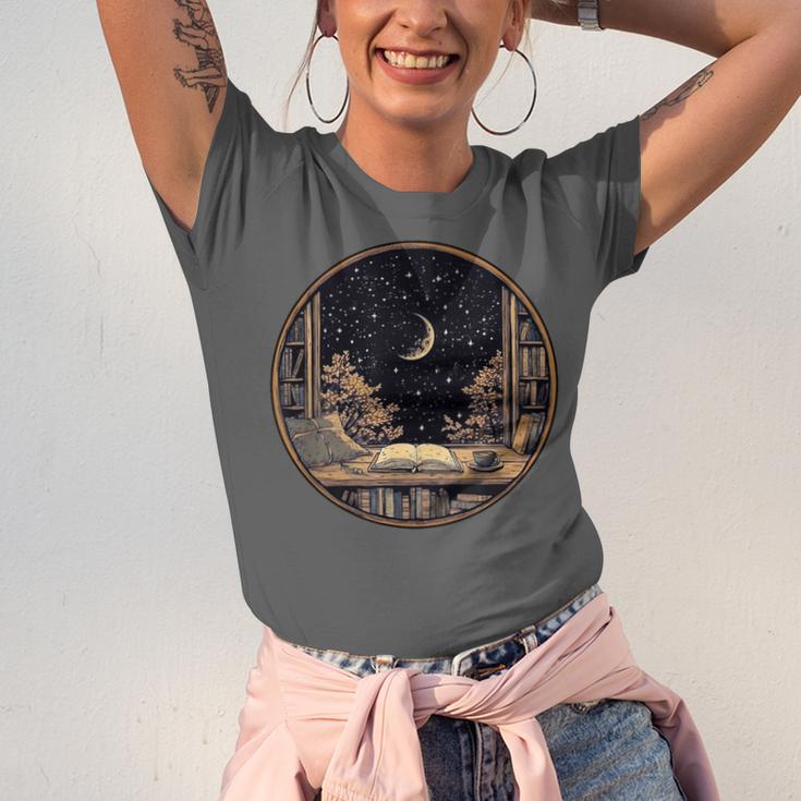 Moon Book Bookshelf Library Coffee Cup Star Stars Pattern Unisex Jersey T-Shirt