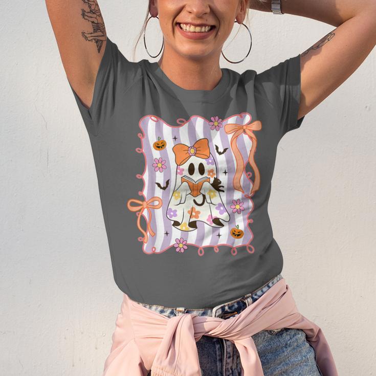 Preppy Coquette Bow Ghost Reading Books Halloween Book Unisex Jersey T-Shirt