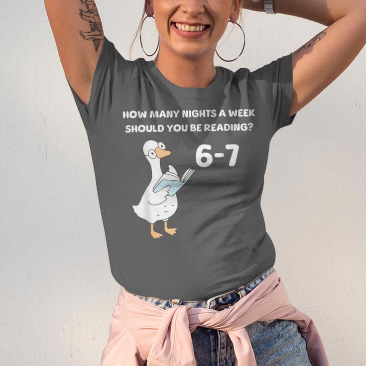 Reading 6-7 Silly Goose Read Books Bookish Bookworm Unisex Jersey T-Shirt