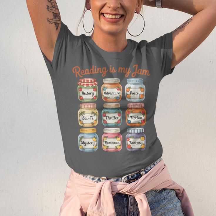 Reading Is My Jam Cute Jelly Jars Book Genres Unisex Jersey T-Shirt