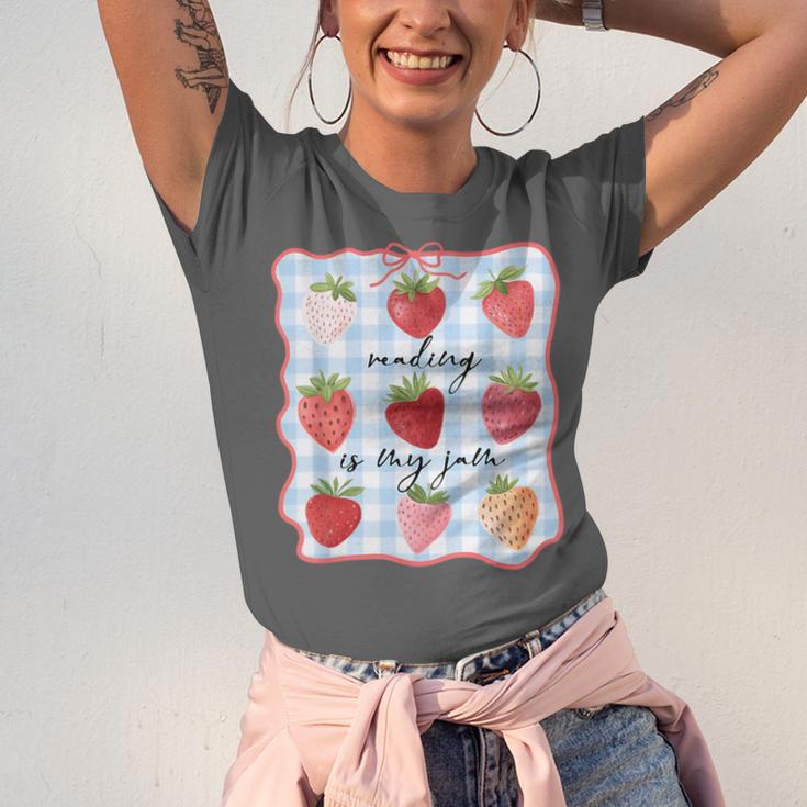 Reading Is My Jam Preppy Stawberry Bookworm Book Lover Nerd Unisex Jersey T-Shirt