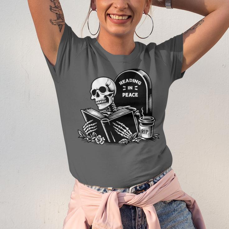 READING IN PEACE RIP Introvert Skeleton Read Book Meme Unisex Jersey T-Shirt