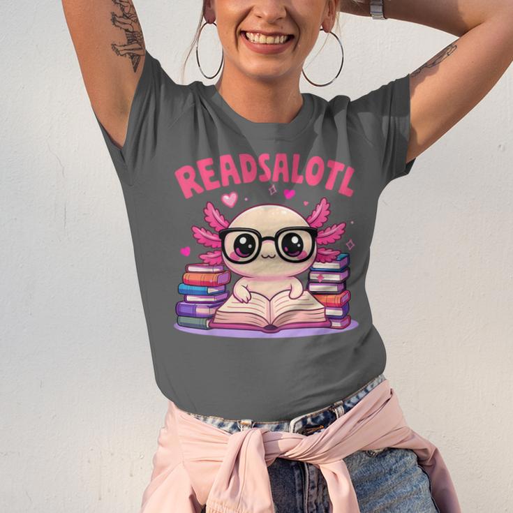 Readsolotl Pink Kawaii Axolotl Book Lover Reading Unisex Jersey T-Shirt