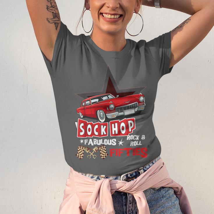 Sock Hop Fabulous Fifties Rock N Roll Automobile Nostalgia Unisex Jersey T-Shirt