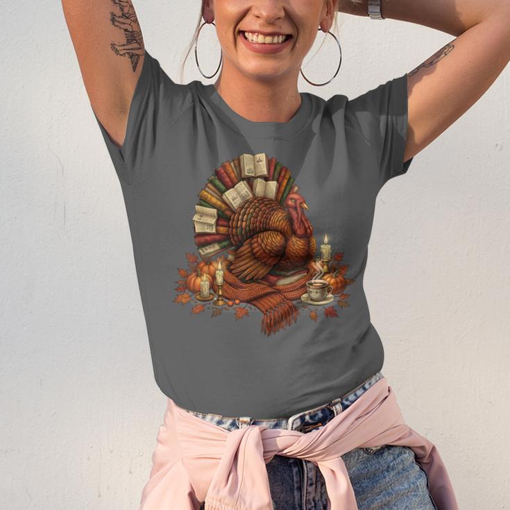 Turkey Reading Books Fall Season Thanksgiving Teacher Book Unisex Jersey T-Shirt