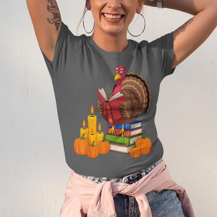 Turkey Reading Books Fall Thanksgiving Teacher Book Unisex Jersey T-Shirt
