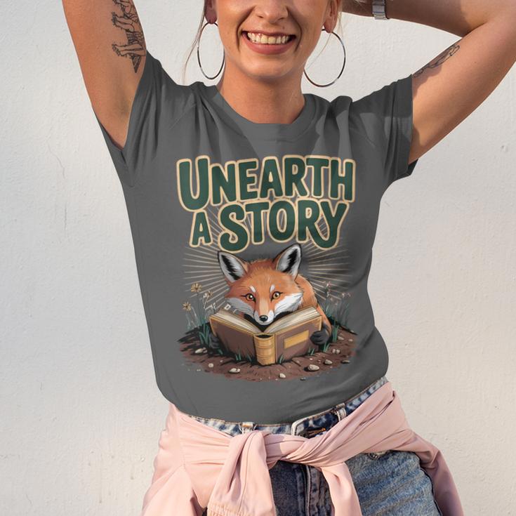 Unearth A Story Fox Reads a Book Unisex Jersey T-Shirt