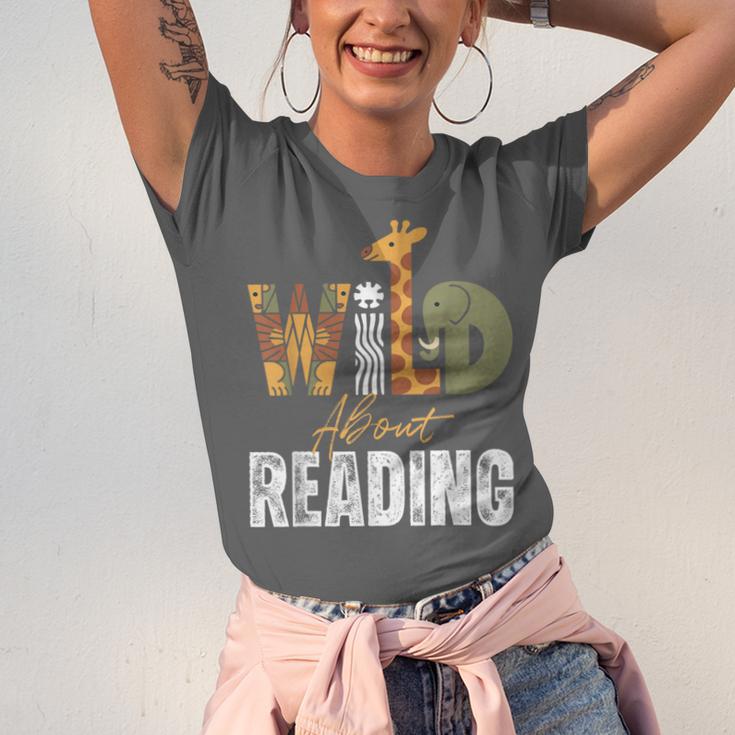 Wild About Reading Books Animal Theme Bookworm Library Day Unisex Jersey T-Shirt Wild About Reading Books Animal Theme Bookworm Library Day Unisex Jersey T-Shirt