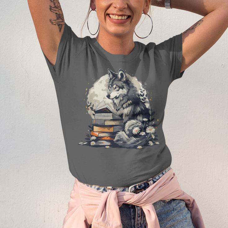 Wolf Reading Book Librarian Library Wolves Unisex Jersey T-Shirt