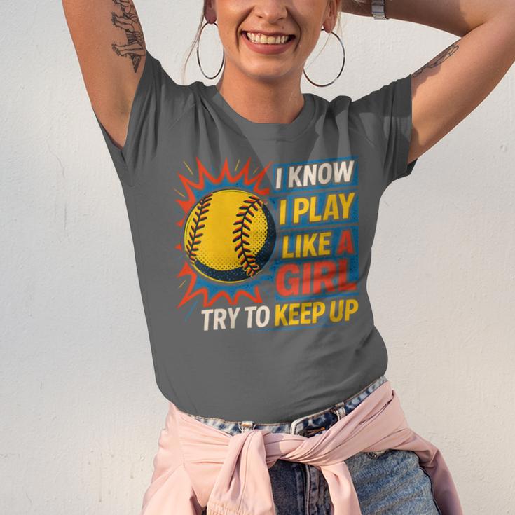 Women's Girls Softball Play Like A Girl Comic Book Pop Art Unisex Jersey T-Shirt
