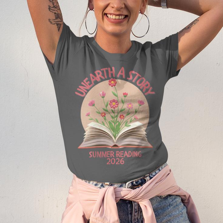 Women's Unearth a Story 2026 Summer Reading Program Flowers Book Unisex Jersey T-Shirt