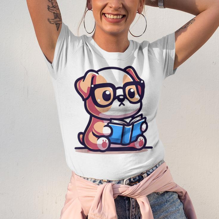 Adorable Book Lover Bulldog With Reading Glasses Cute Raglan Baseball Tee Unisex Jersey T-Shirt