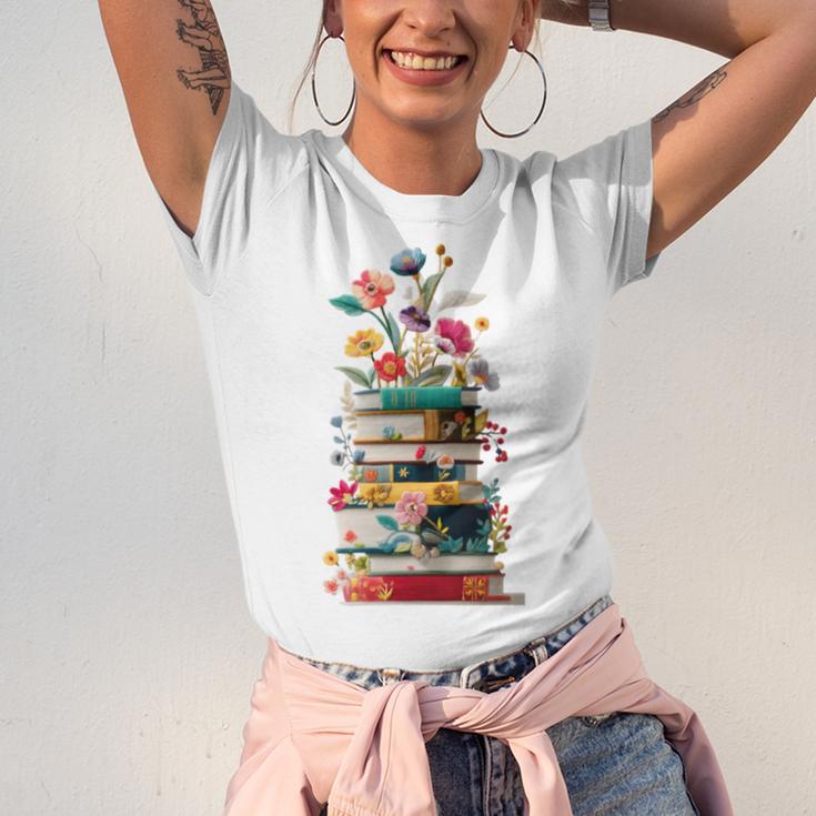 Book Stack With Flowers Reading Lover Bookish Unisex Jersey T-Shirt