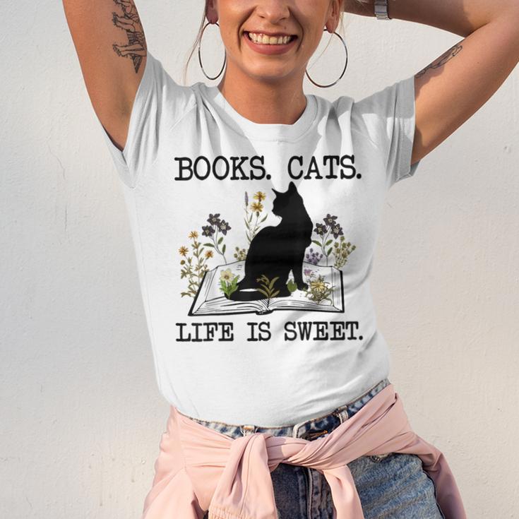 Books Cats Life Is Sweet Cat Book Lover Men Women Teen Unisex Jersey T-Shirt
