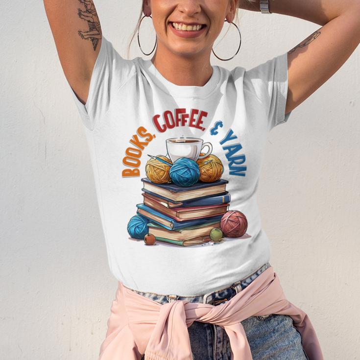 “Books Coffee & Yarn Enthusiast Cozy Reader Unisex Jersey T-Shirt