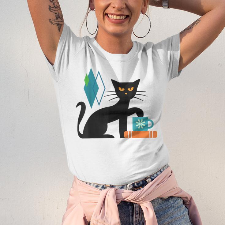 Cat Midcentury With Book And Coffee Atomic Age Mid Century Unisex Jersey T-Shirt Cat Midcentury With Book And Coffee Atomic Age Mid Century Unisex Jersey T-Shirt