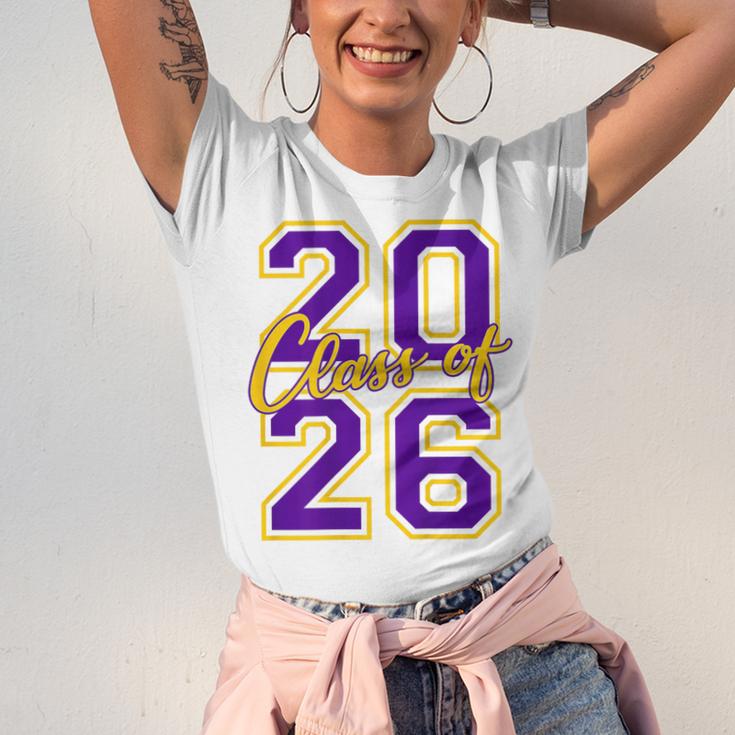 Class Of 2026 Graduation Varsity Purple Yellow On The Back Unisex Jersey T-Shirt