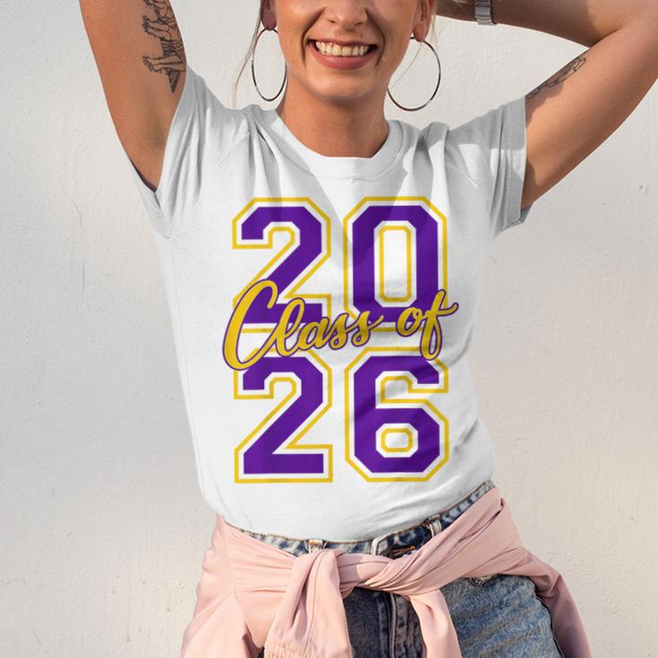 Class Of 2026 Graduation Varsity Purple And Yellow Letters Unisex Jersey T-Shirt