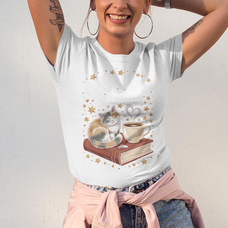 Coffee Cats & Books Cute Cat Book Lover Reading Unisex Jersey T-Shirt