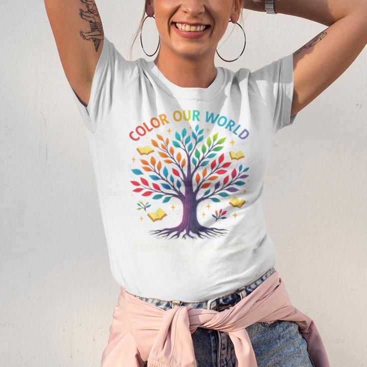 Color Our World Summer Reading Program 2025 Trippy Book Tree Unisex Jersey T-Shirt