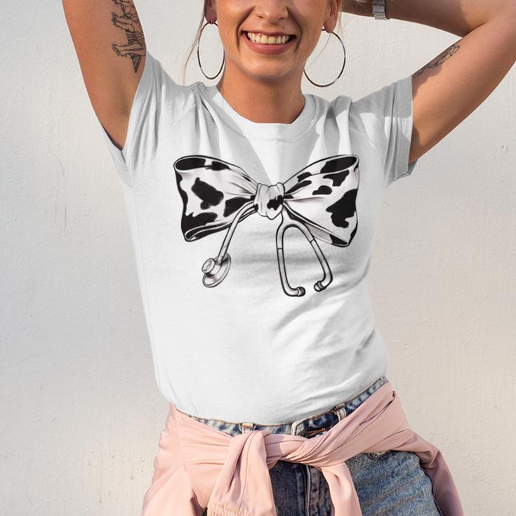 Cow Print Bow And Stethoscope Nurse RN Graduation Coquette Unisex Jersey T-Shirt