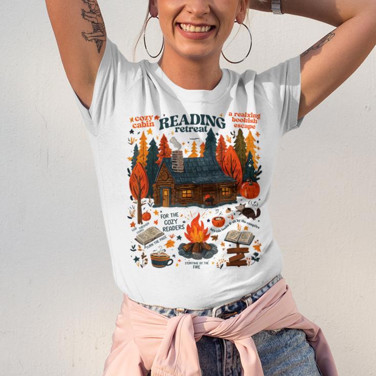 Cozy Reading Cabin Retreat Fall Bookish Autumn Cozy Reader Unisex Jersey T-Shirt Cozy Reading Cabin Retreat Fall Bookish Autumn Cozy Reader Unisex Jersey T-Shirt