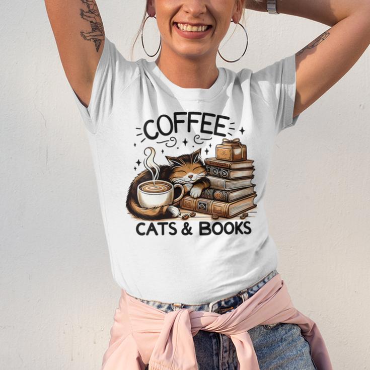 Cute Coffee Cats Books Lover Idea Women Men Kids Unisex Jersey T-Shirt