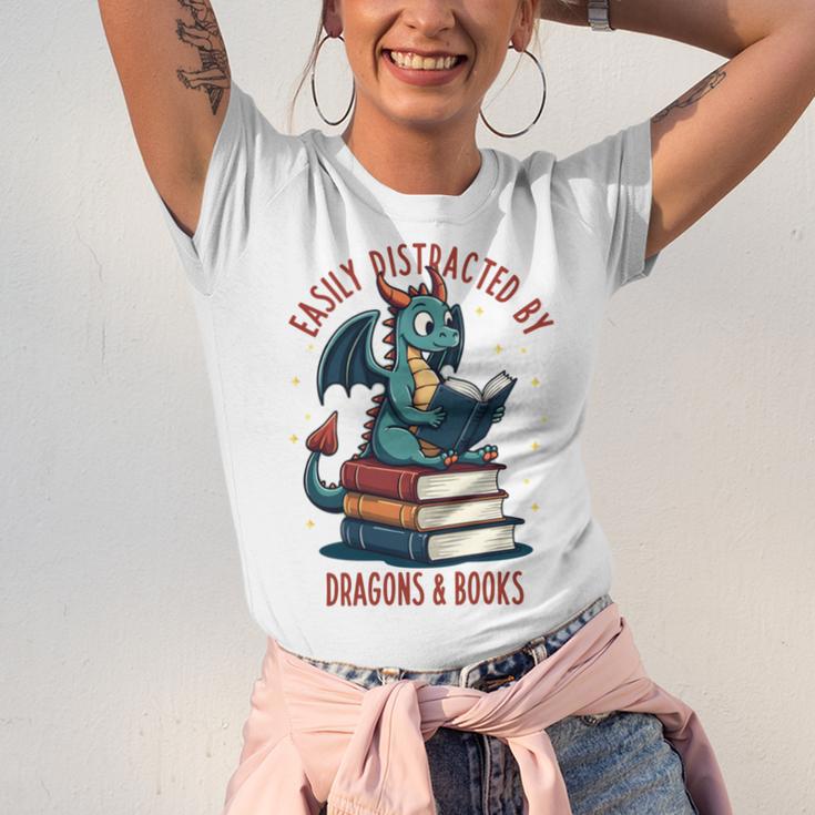 Dark Romance Romantasy Easily Distracted By Dragons & Books Unisex Jersey T-Shirt