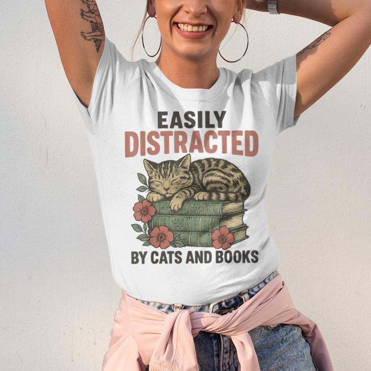 Easily Distracted By Cats And Books Vintage Unisex Jersey T-Shirt