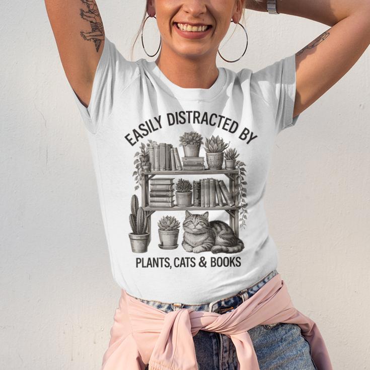 Easily Distracted By Plants Cats & Books Planting Gardening Unisex Jersey T-Shirt