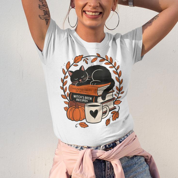 Fall Book Teacher Cat Books Halloween Autumn Librarian Unisex Jersey T-Shirt