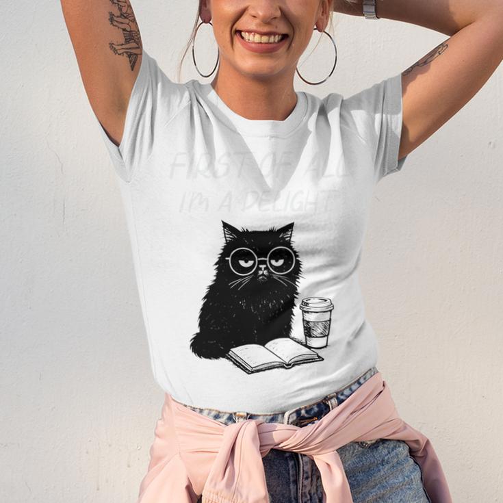 First Of All I’m A Delight Cute Cat Books Coffee Humor Unisex Jersey T-Shirt First Of All I’m A Delight Cute Cat Books Coffee Humor Unisex Jersey T-Shirt