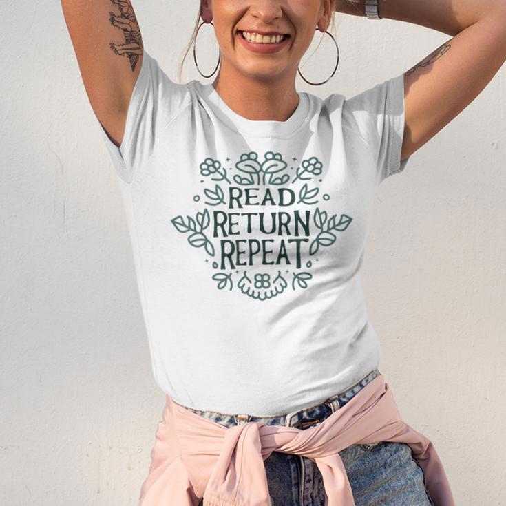 Floral “Read Return Repeat” Book Lovers Readers Librarians Unisex Jersey T-Shirt Floral “Read Return Repeat” Book Lovers Readers Librarians Unisex Jersey T-Shirt