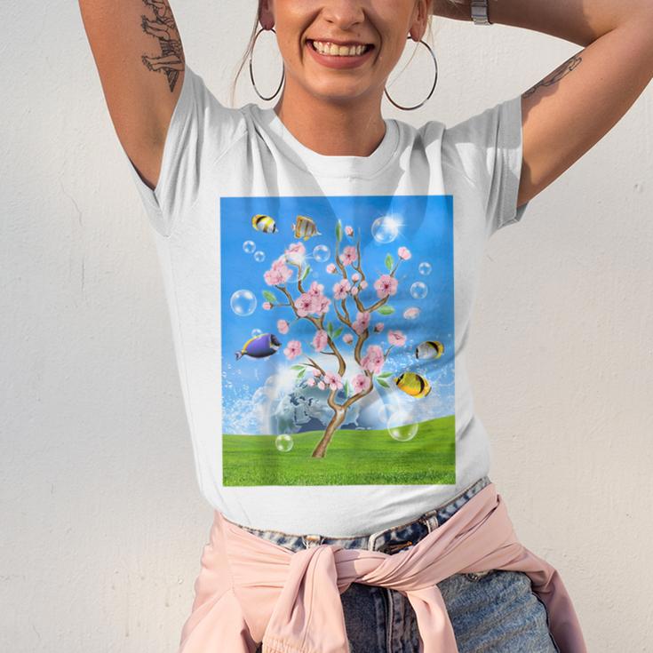 Frutiger Aero Aesthetic Tech Cherry Blossom Fishes Bubbles Raglan Baseball Tee Unisex Jersey T-Shirt